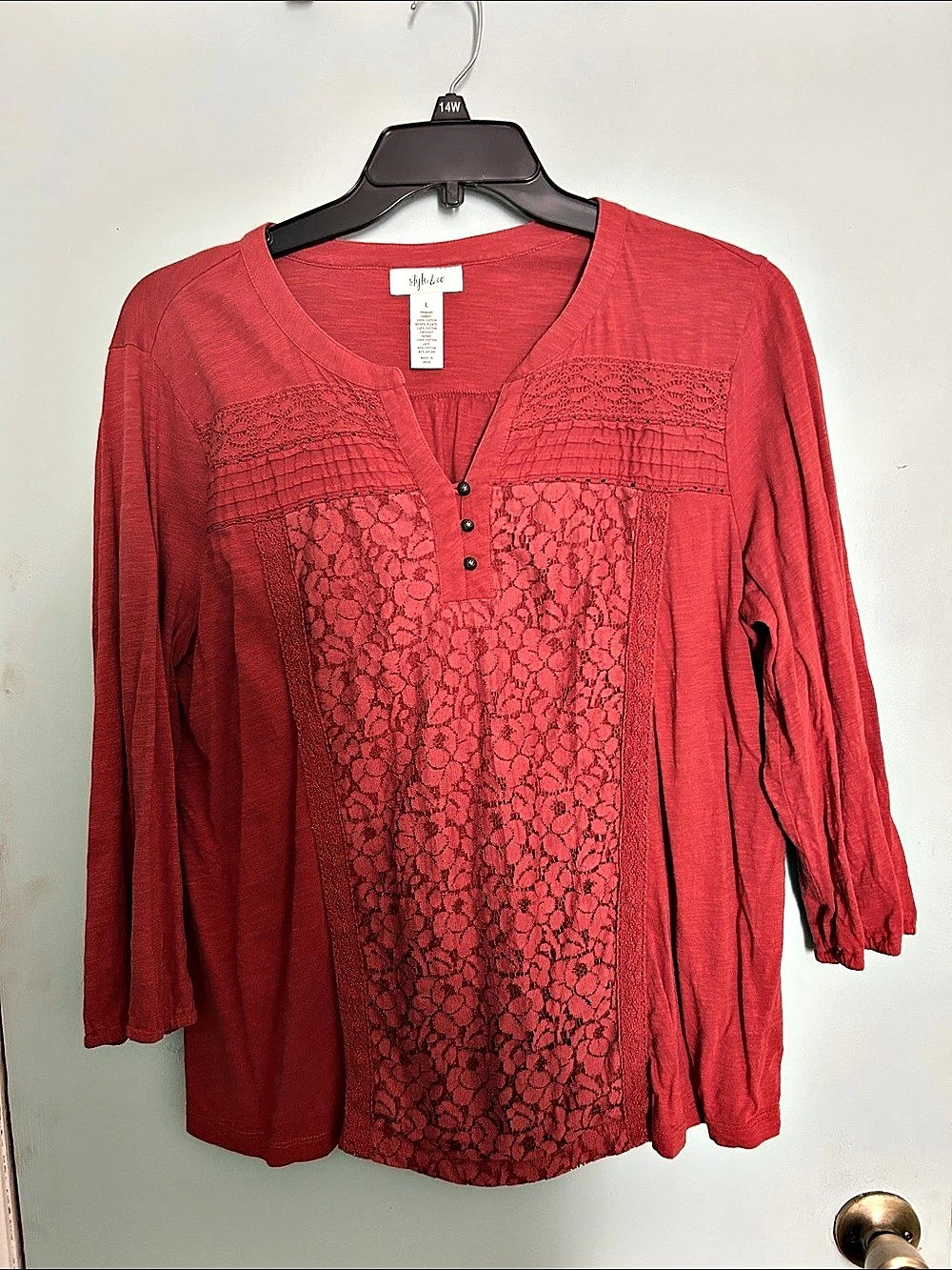 Style & Co Women's Rust-colored Floral Lace Panel Top Size Large